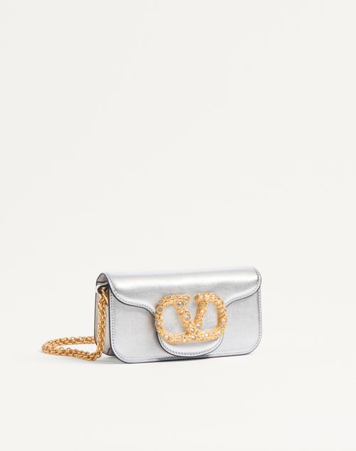 Valentino Garavani - Valentino Garavani Locò Small Shoulder Bag In Laminated Calfskin With Jewel Logo - Silver - Woman - Shoulder Bags